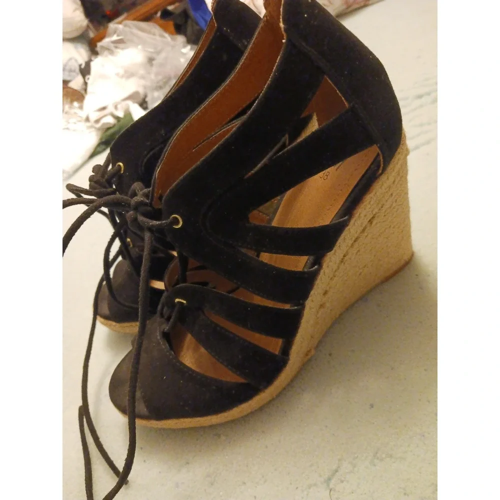 H&M Black Suede‎ Lace Up Wedge Sandals, Size 7.5/38